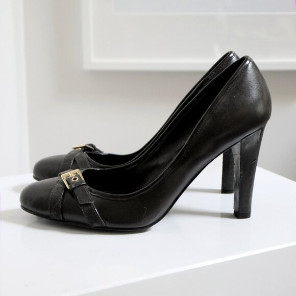 Ralph Lauren Dark Brown Leather Stiletto Heels w/ Strappy Buckle Detail - Women' - Picture 1 of 9